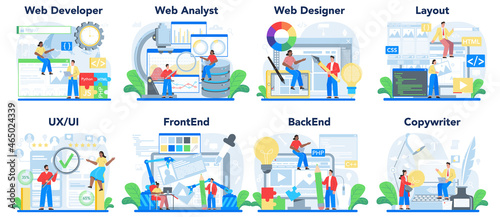 Web development concept set. Creating and presenting content
