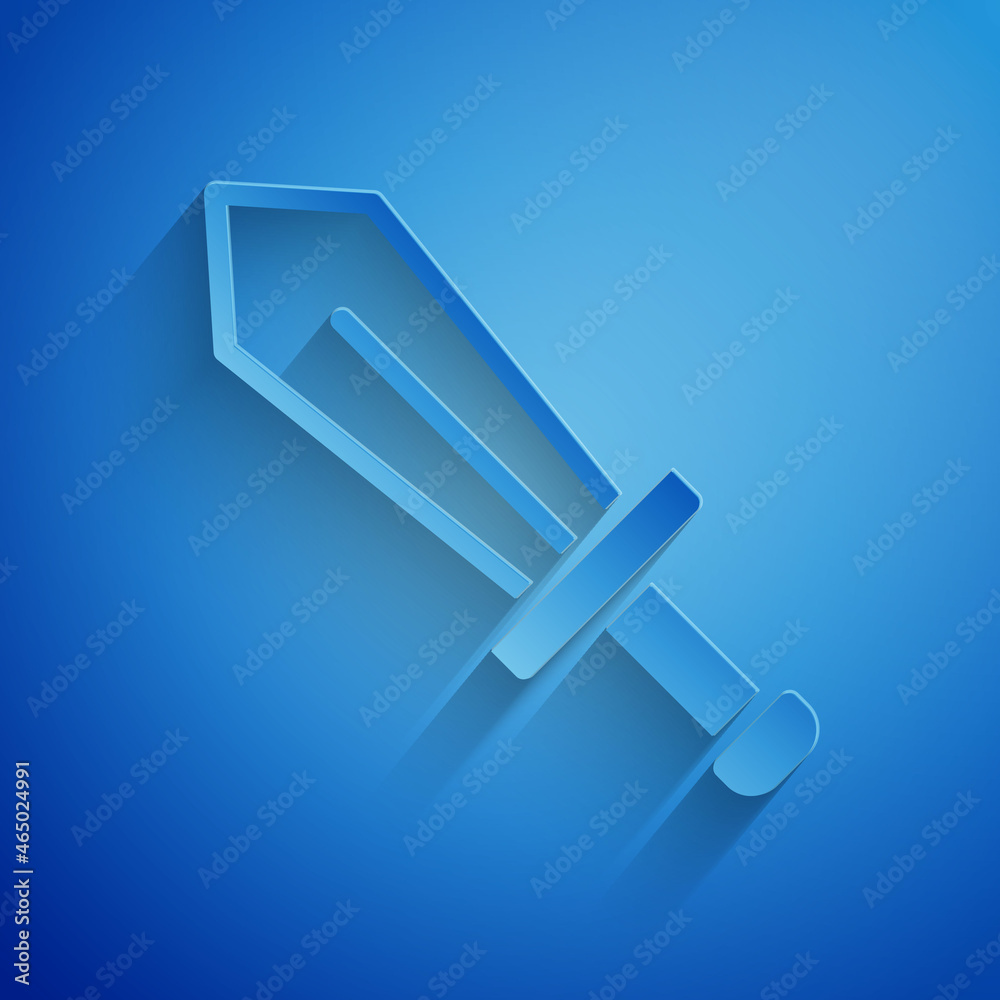 Paper cut Sword for game icon isolated on blue background. Paper art style. Vector
