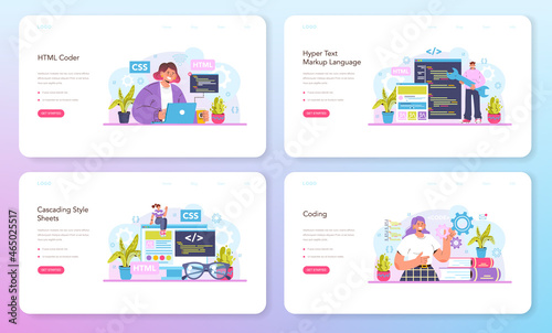 Website development web banner or landing page set. HTML coding