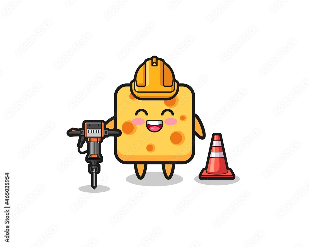 road worker mascot of cheese holding drill machine road worker mascot of cheese holding drill machine
