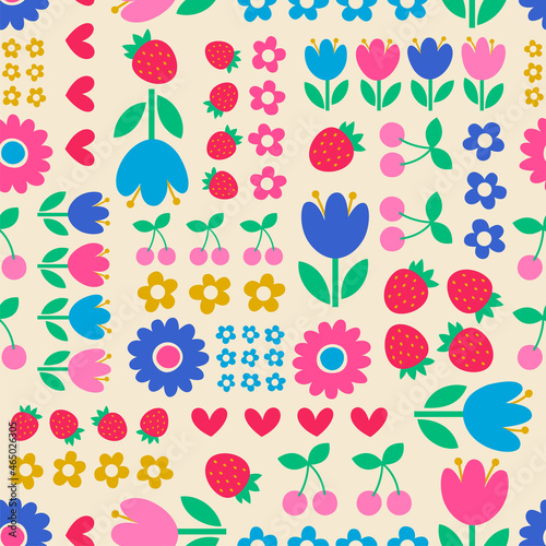 Wallpaper Mural Colorful cute hand drawn floral and fruit seamless pattern background. Torontodigital.ca