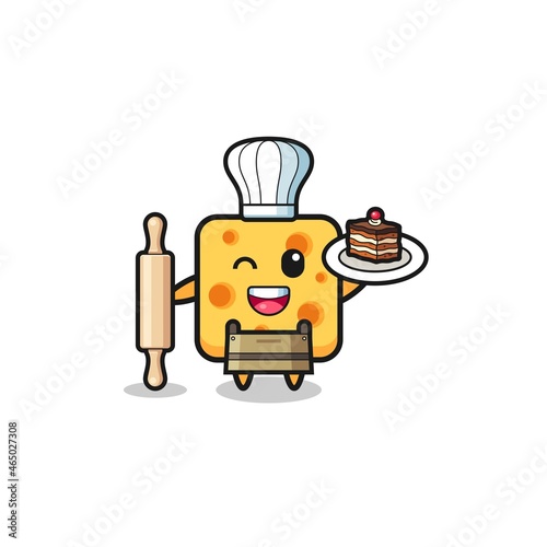 cheese as pastry chef mascot hold rolling pin