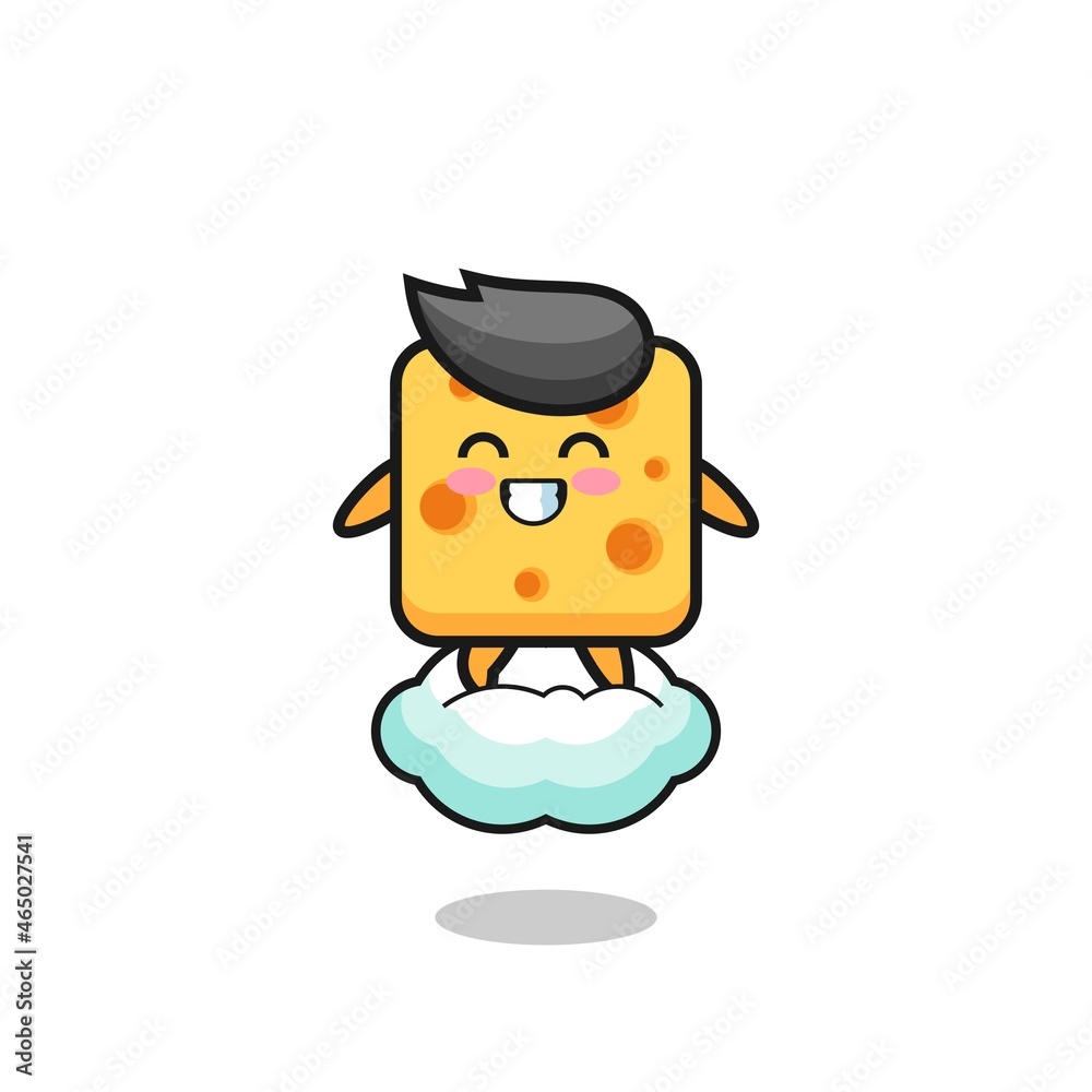 cute cheese illustration riding a floating cloud