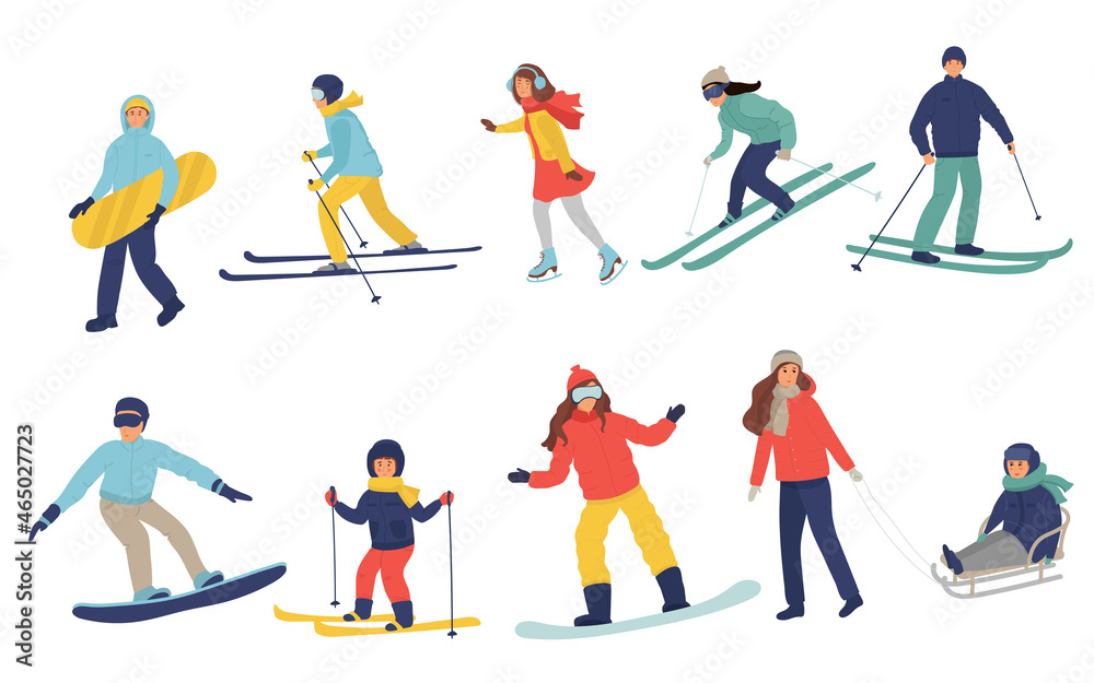 big set of people children dressed in winter clothing ice skates, snowboarding skiing. Male female cartoon ski snowboard riders. Winter mountain sports activity. Vector illustration flat.