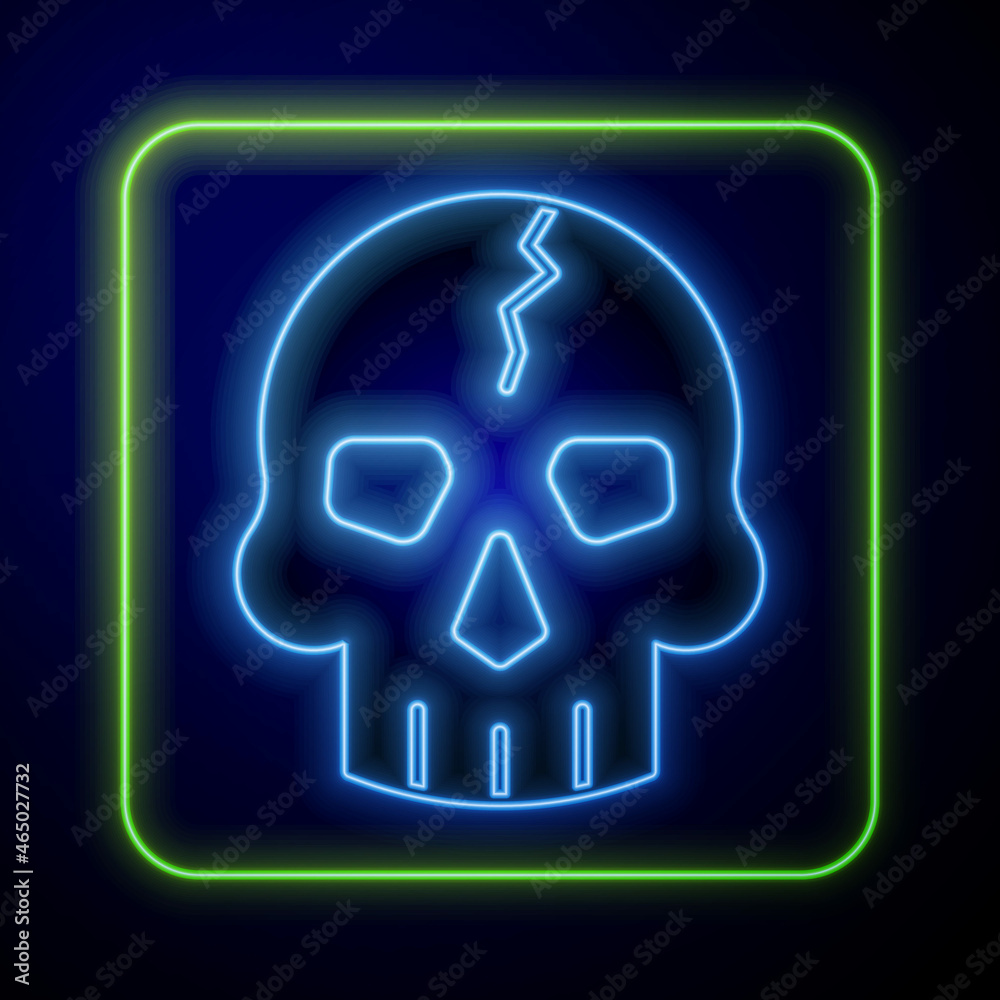 Glowing neon Skull icon isolated on blue background. Pirate captain. Happy Halloween party. Vector Glowing neon Skull icon isolated on blue background. Pirate captain. Happy Halloween party. Vector
