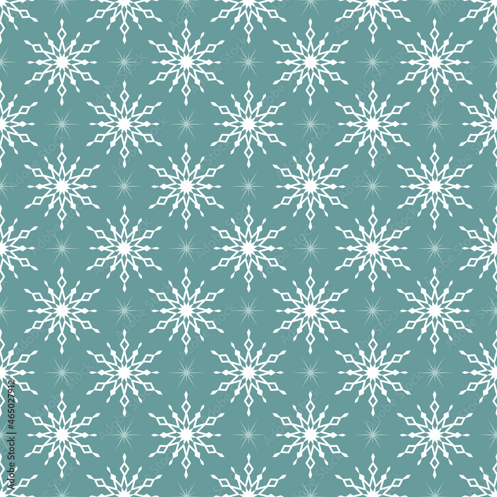 Seamless pattern with white snowflakes and stars on blue background. Festive winter traditional decoration for New Year, Christmas, holidays and design. Ornament of simple line Seamless pattern with white snowflakes and stars on blue background. Festive winter traditional decoration for New Year, Christmas, holidays and design. Ornament of simple line