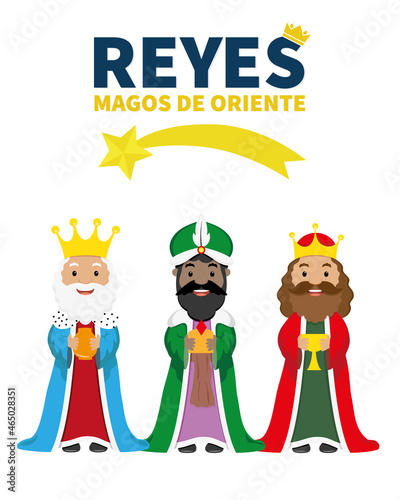 Valokuva Card of the three wise men. Happy kings day written in Spanish