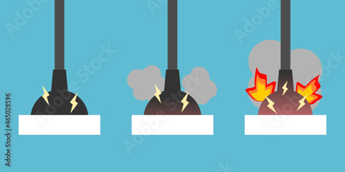 Plug and socket electric short circuit overload electricity current with fire smoke and sparks on blue background flat icon vector design.