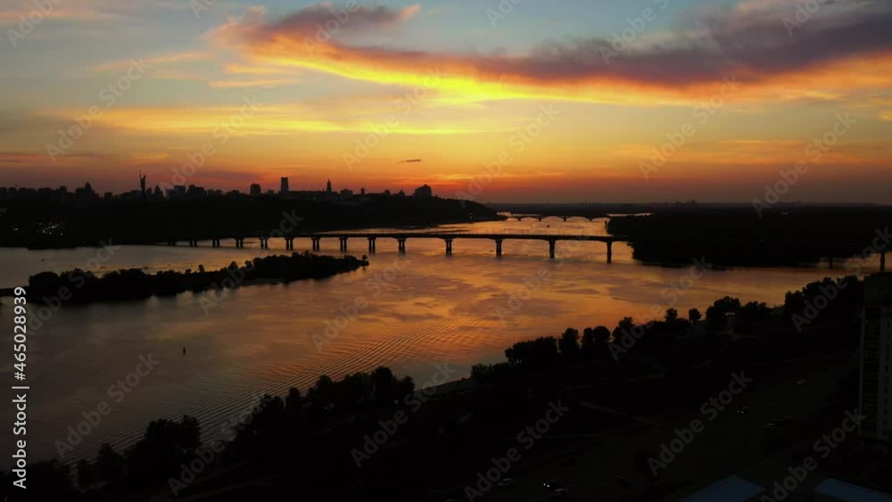View from drone on the evening city scape. View from drone on the evening city scape.