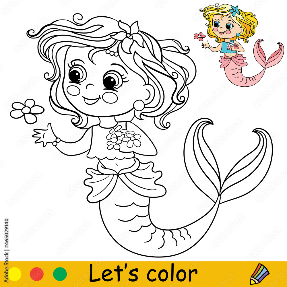 Cartoon cute and funny mermaid with flowers coloring