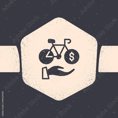 Grunge Bicycle rental mobile app icon isolated on grey background. Smart service for rent bicycles in the city. Mobile app for sharing system. Monochrome vintage drawing. Vector