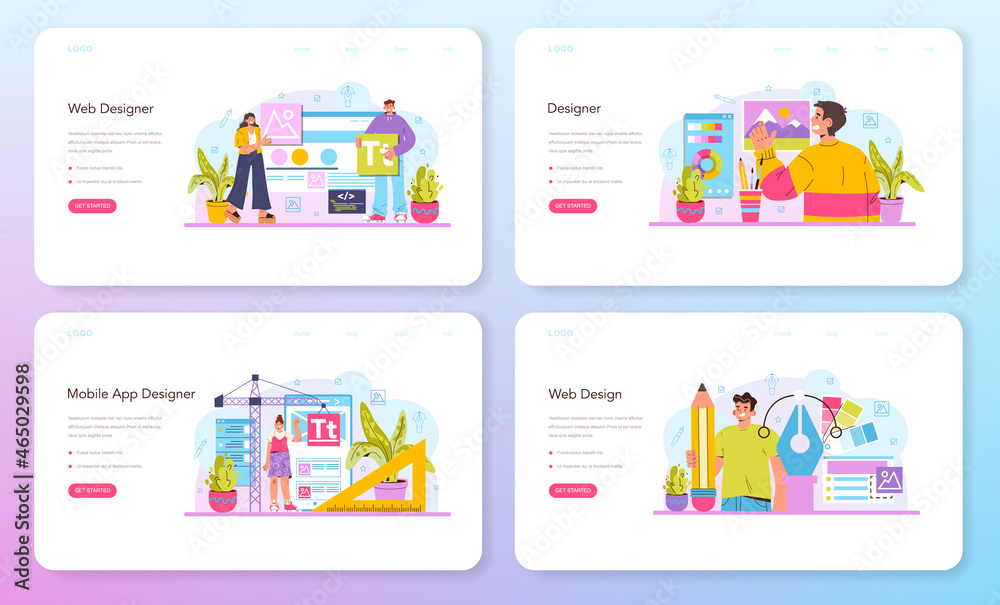 Web designer web banner or landing page set. Interface and content