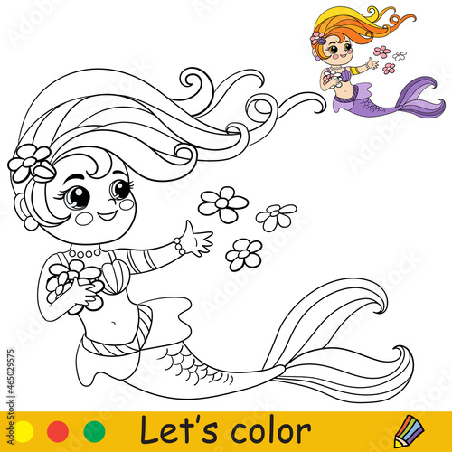 Cartoon cute mermaid with flowers swimming coloring