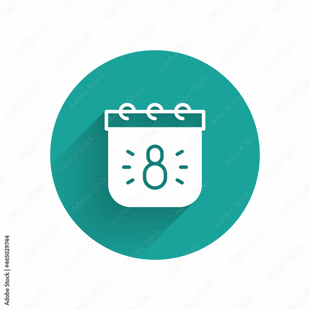 White Calendar with 8 March icon isolated with long shadow background. International Happy Women Day. Green circle button. Vector White Calendar with 8 March icon isolated with long shadow background. International Happy Women Day. Green circle button. Vector