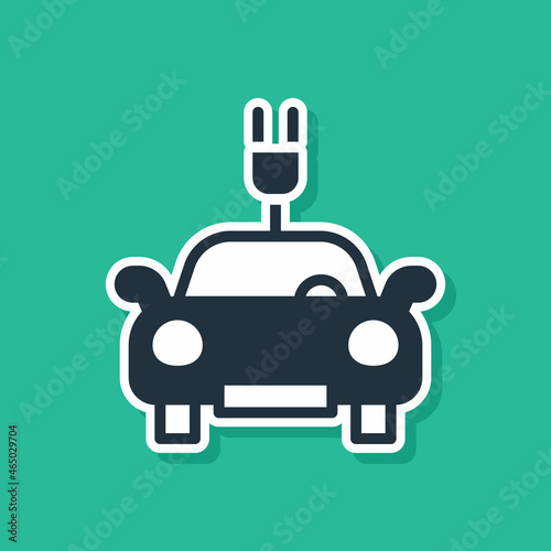 Blue Electric car and electrical cable plug charging icon isolated on green background. Renewable eco technologies. Vector