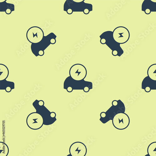 Blue Electric car and electrical cable plug charging icon isolated seamless pattern on yellow background. Renewable eco technologies. Vector