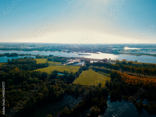 Fototapeta Naklejka Na Ścianę i Meble -  Aerial drone view of the watery landscape in the Netherlands.