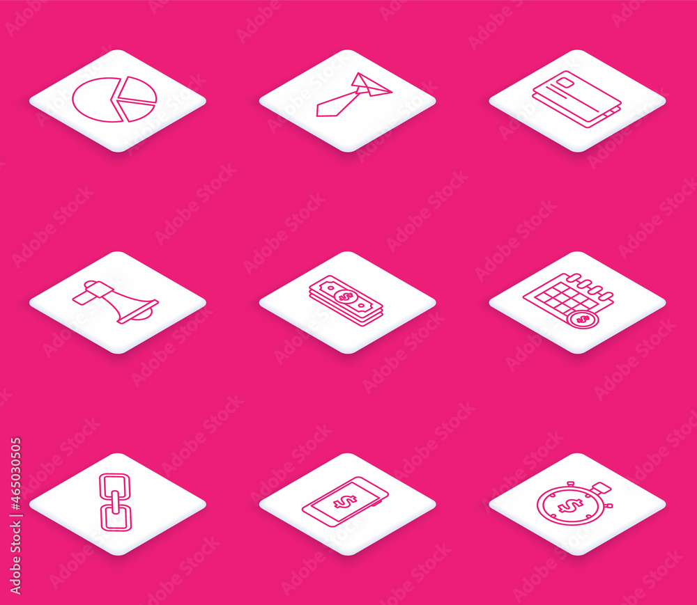 Set line Pie chart infographic, Tie, Credit card, Megaphone, Stacks paper money cash, Financial calendar, Chain link and Smartphone with dollar symbol icon. Vector Set line Pie chart infographic, Tie, Credit card, Megaphone, Stacks paper money cash, Financial calendar, Chain link and Smartphone with dollar symbol icon. Vector
