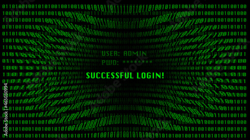 Green numbers on a black background. Binary matrix concept illustration for verify identity. Computer code with digital javascript code Futuristic hacker backdrop. Enabled user  successful login