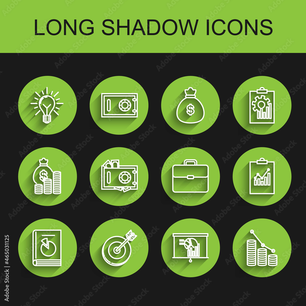 Set line User manual, Target, Light bulb with rays shine and concept of idea, Board graph chart, Pie infographic coin, Safe money, Clipboard and Briefcase icon. Vector Set line User manual, Target, Light bulb with rays shine and concept of idea, Board graph chart, Pie infographic coin, Safe money, Clipboard and Briefcase icon. Vector