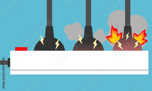 Plug and socket electric short circuit overload electricity current with fire smoke and sparks on blue background flat icon vector design.