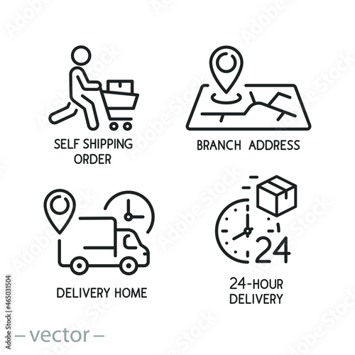 delivery icon set, store pickup, fast order at home, branch address, 24 hours or around the clock, symbols for website or app, self shipping, thin line symbol - editable stroke vector illustration
