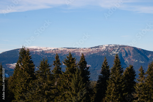 Landscape of Krkonose mountain range in Czech republic in autumn on a sunny autumn day