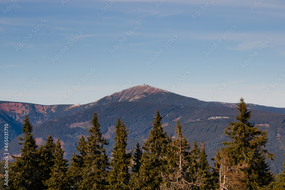 View of the highest mountain in Czech Republic, Snezka, in Krkonose moutains on autumn afternoon View of the highest mountain in Czech Republic, Snezka, in Krkonose moutains on autumn afternoon