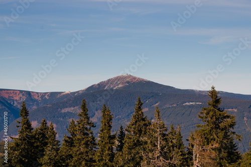 View of the highest mountain in Czech Republic, Snezka, in Krkonose moutains on autumn afternoon