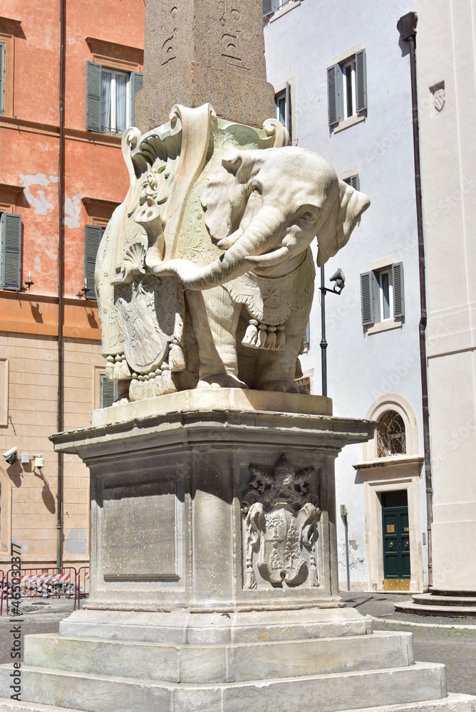 Details of Bernini's Elephant and Obelisk monument at Minerva Square in Rome, Italy