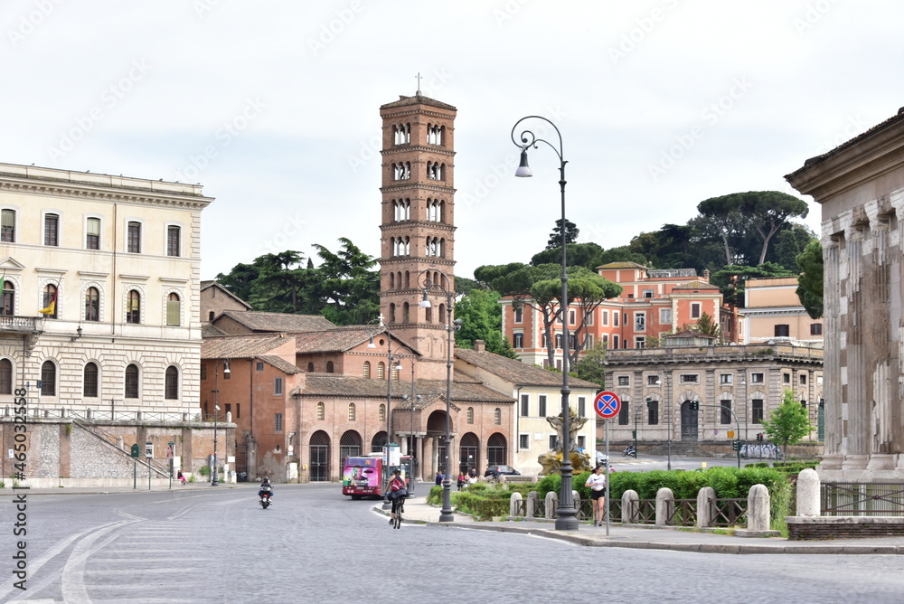 ROME, ITALY, MAY 7, 2020: View of View of Saint Mary in Cosmedin church in Rome without people, cars and touristic bus, due to the restrictions of Coronavirus pandemic