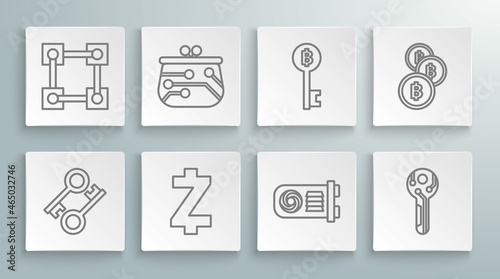 Set line Cryptocurrency key, wallet, coin Zcash ZEC, Mining farm, Bitcoin, and Blockchain technology icon. Vector