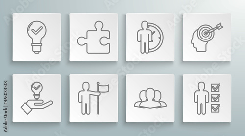 Set line Light bulb in hand, Piece of puzzle, Man holding flag, Users group, man business suit, Time Management, Head hunting concept and check mark icon. Vector