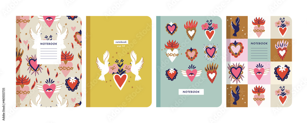 Vector illustartion templates cover pages for notebooks, planners, brochures, books, catalogs. Bbackground traditional sacred mexican hearts.