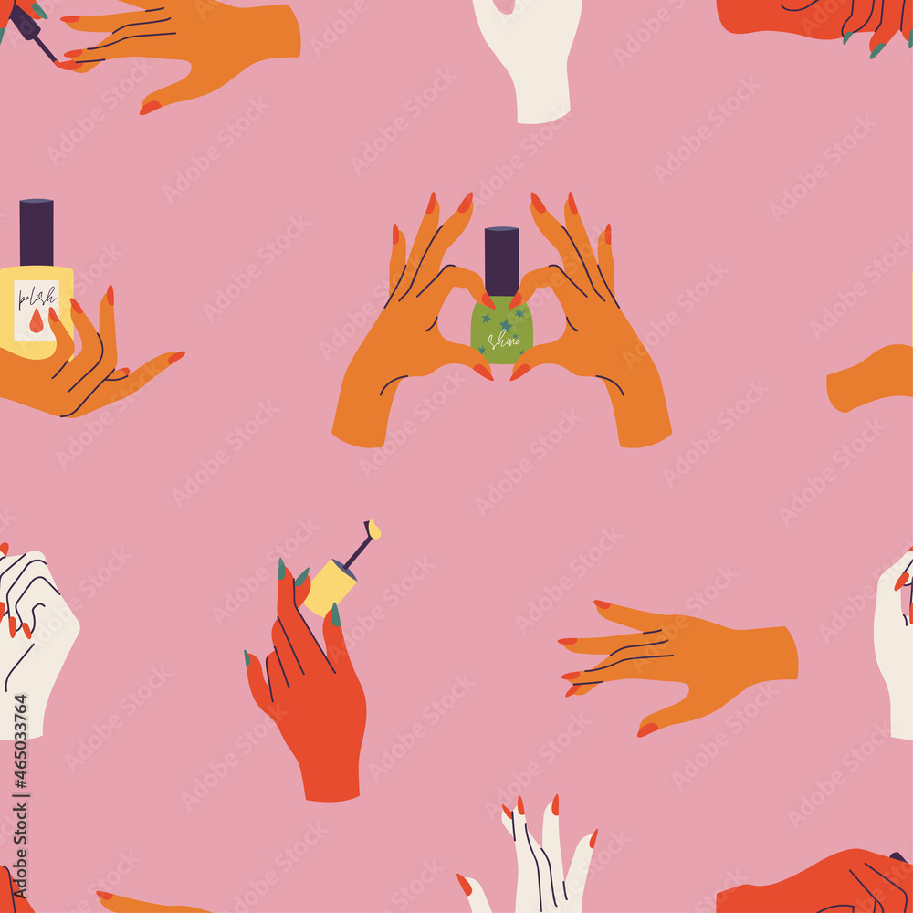 Fototapeta premium Vector illustration set of hands gestures with colored nails. Beauty and fashion concept. Seanless pattern.