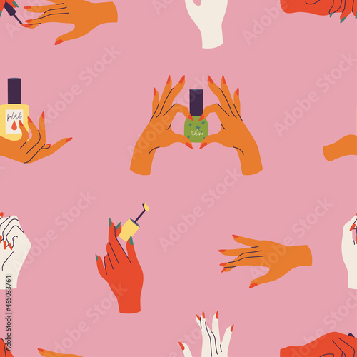 Vector illustration set of hands gestures with colored nails. Beauty and fashion concept. Seanless pattern.