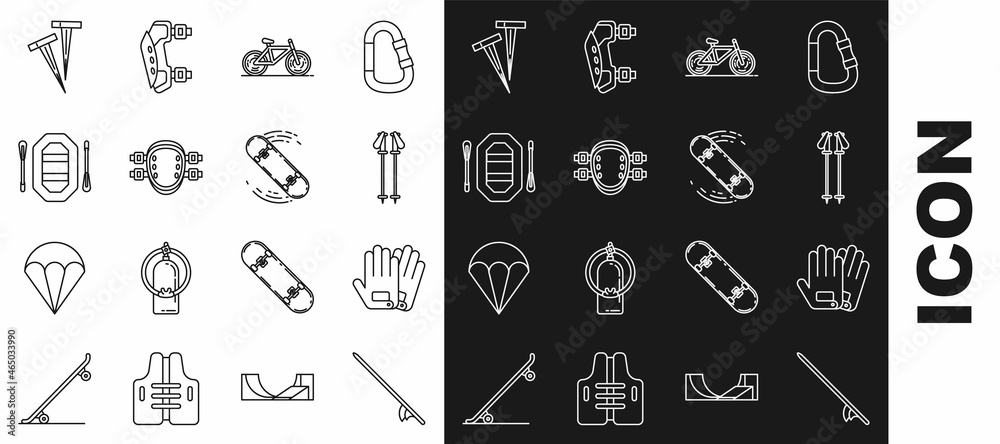 Set line Surfboard, Gloves, Ski poles, Bicycle, Knee pads, Rafting boat, Pegs for tents and Skateboard trick icon. Vector Set line Surfboard, Gloves, Ski poles, Bicycle, Knee pads, Rafting boat, Pegs for tents and Skateboard trick icon. Vector