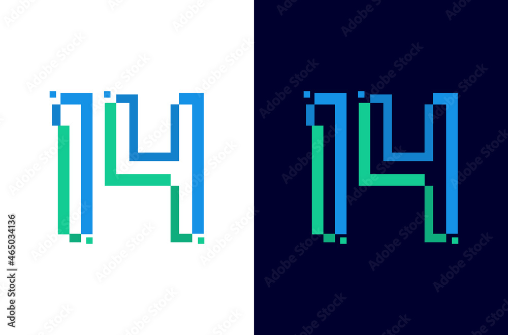 Number 14 digital logo design with pixel icon for technology template or element - obrazy, fototapety, plakaty 
