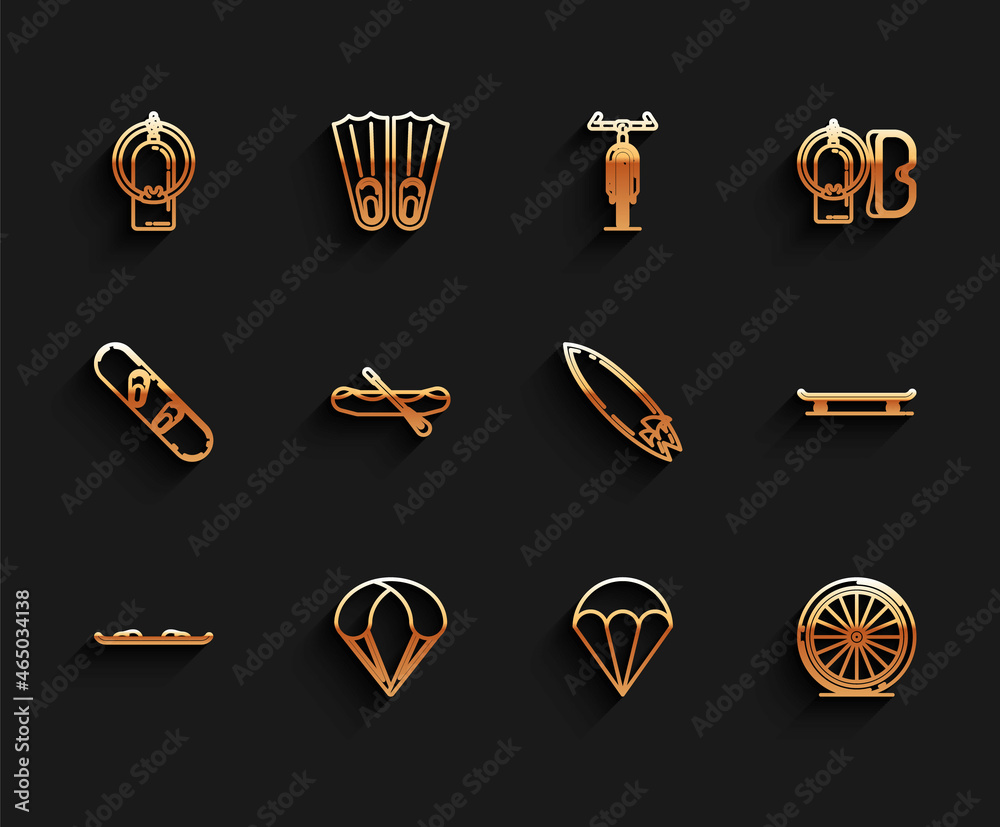 Set line Snowboard, Parachute, Aqualung, Bicycle wheel, Rafting boat, Skateboard and Surfboard icon. Vector
