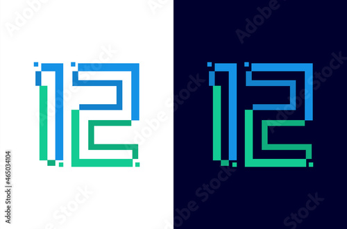 Number 12 digital logo design with pixel icon for technology template or element