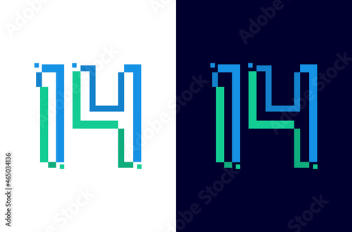 Number 14 digital logo design with pixel icon for technology template or element