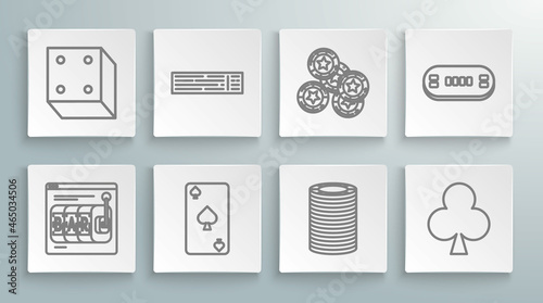 Set line Online slot machine, Deck of playing cards, Playing with spades symbol, Casino chips, clubs, Poker table and Game dice icon. Vector