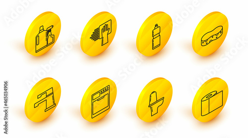 Set line Toilet paper roll, bowl, Washer, Water tap, Sponge, Plastic bottles for liquid dishwashing liquid, Cleaning service and icon. Vector