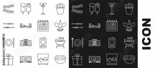 Set line Festive mask, Barbecue grill, Clown head, Martini glass, Home stereo with two speakers, Grilled shish kebab, Carnival garland flags and Detailed calendar icon. Vector