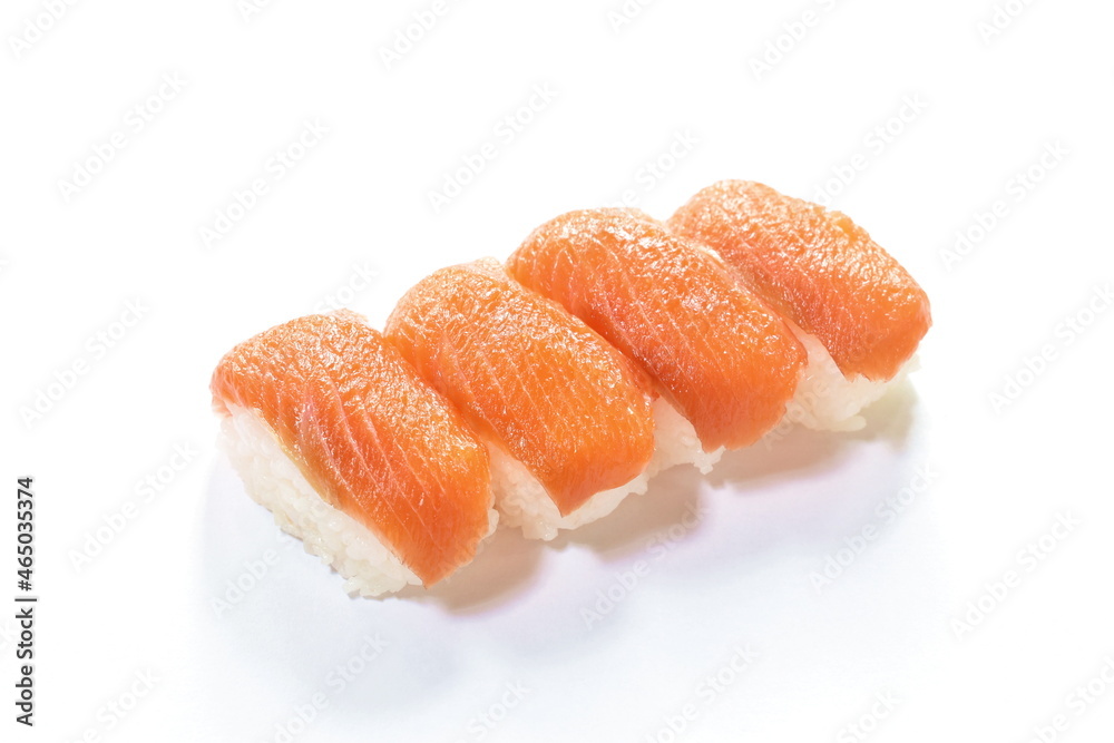 salmon Sushi Japanese food with wasabi dipping soy sauce on white background