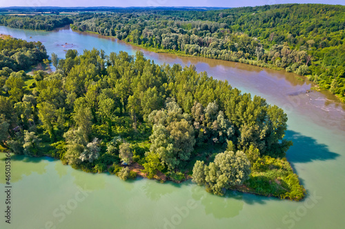Aerial view of Drava and Mura rivers mouth, Podravina region