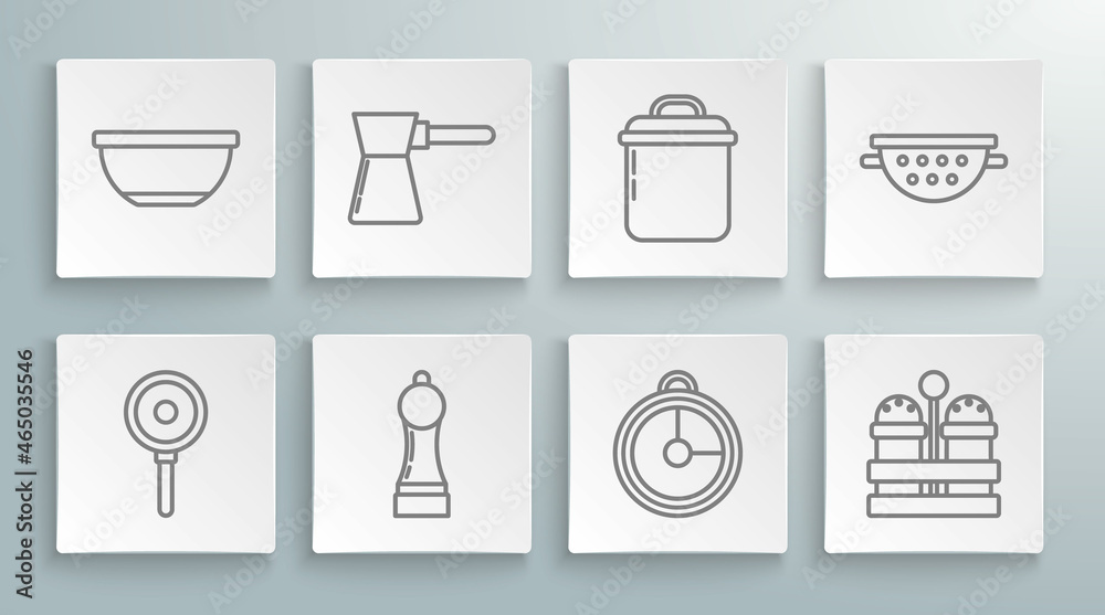Set line Frying pan, Coffee turk, Pepper, Kitchen timer, Salt and pepper, Cooking pot, colander and Bowl icon. Vector