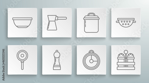 Set line Frying pan, Coffee turk, Pepper, Kitchen timer, Salt and pepper, Cooking pot, colander and Bowl icon. Vector