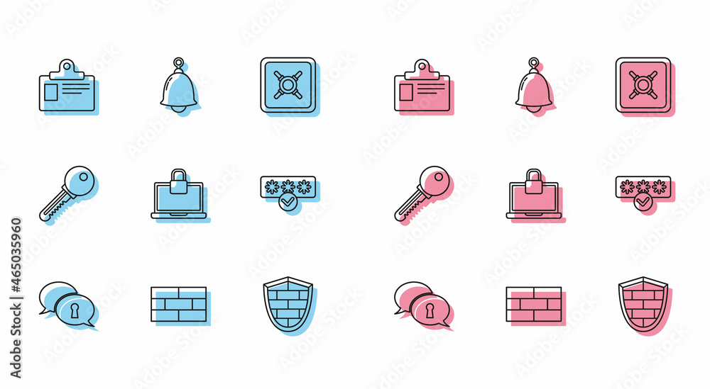 Set line Protection of personal data, Bricks, Identification badge, Shield with cyber security brick wall, Laptop and lock, Password protection safety access, Key and Ringing bell icon. Vector Set line Protection of personal data, Bricks, Identification badge, Shield with cyber security brick wall, Laptop and lock, Password protection safety access, Key and Ringing bell icon. Vector