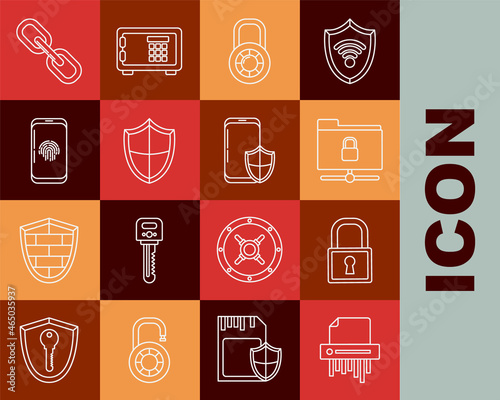Set line Paper shredder confidential, Lock, FTP folder and lock, Safe combination wheel, Shield, Smartphone with fingerprint scanner, Chain link and security shield icon. Vector